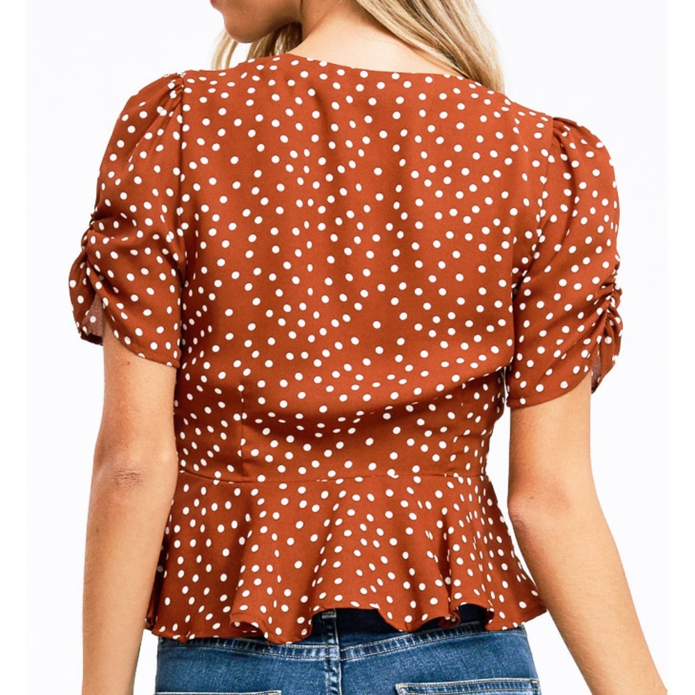 Rust Polka Dot Deep V Neck Button Peplum Shirt Top - Picture 6 of 8
